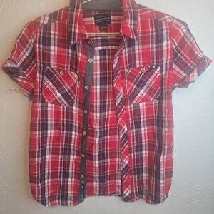 Lucky Brand Women's Red and White Plaid Classic Button Down Shirt Small
